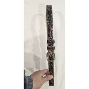 Boho Crackle Print Belt Beaded Edge Gold Tone Buckle Brown Black 36" S/M